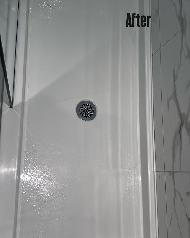 Spotless shower floor and drain after Maidless clean