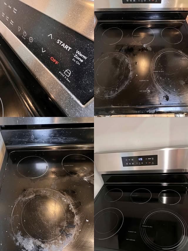 Glass stovetop before and after Maidless deep clean
